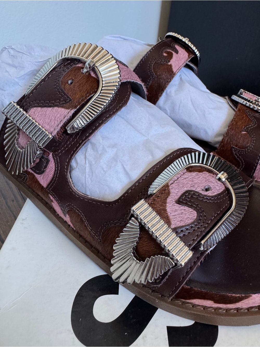 Schutz Brown + Pink Cow Hair Western style Slide Sandal - Picture 3 of 5